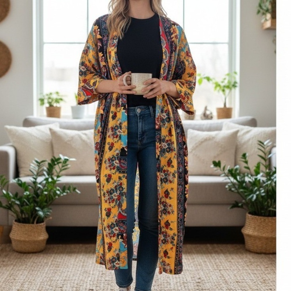 Roper Kimono Cardigan Womens S Yellow Floral Border Print Long Duster Open Front